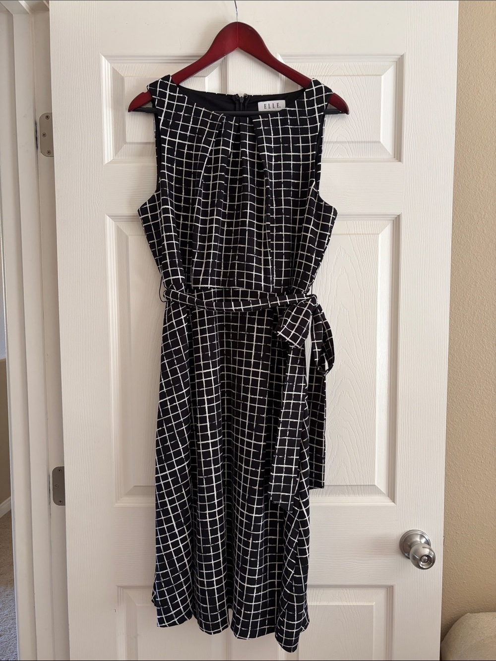 ELLE Black and White Grid Belted Midi Dress